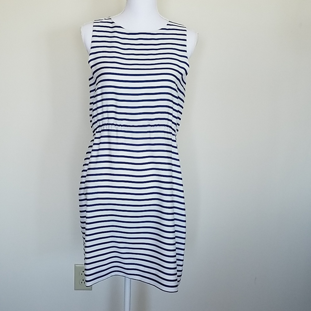 Navy and white striped J. Crew sleeveless dress